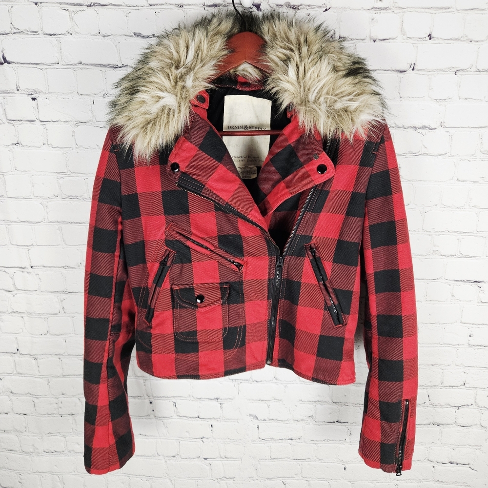 DENIM & SUPPLY RL | vintage faux fur collar buffalo plaid moto jacket